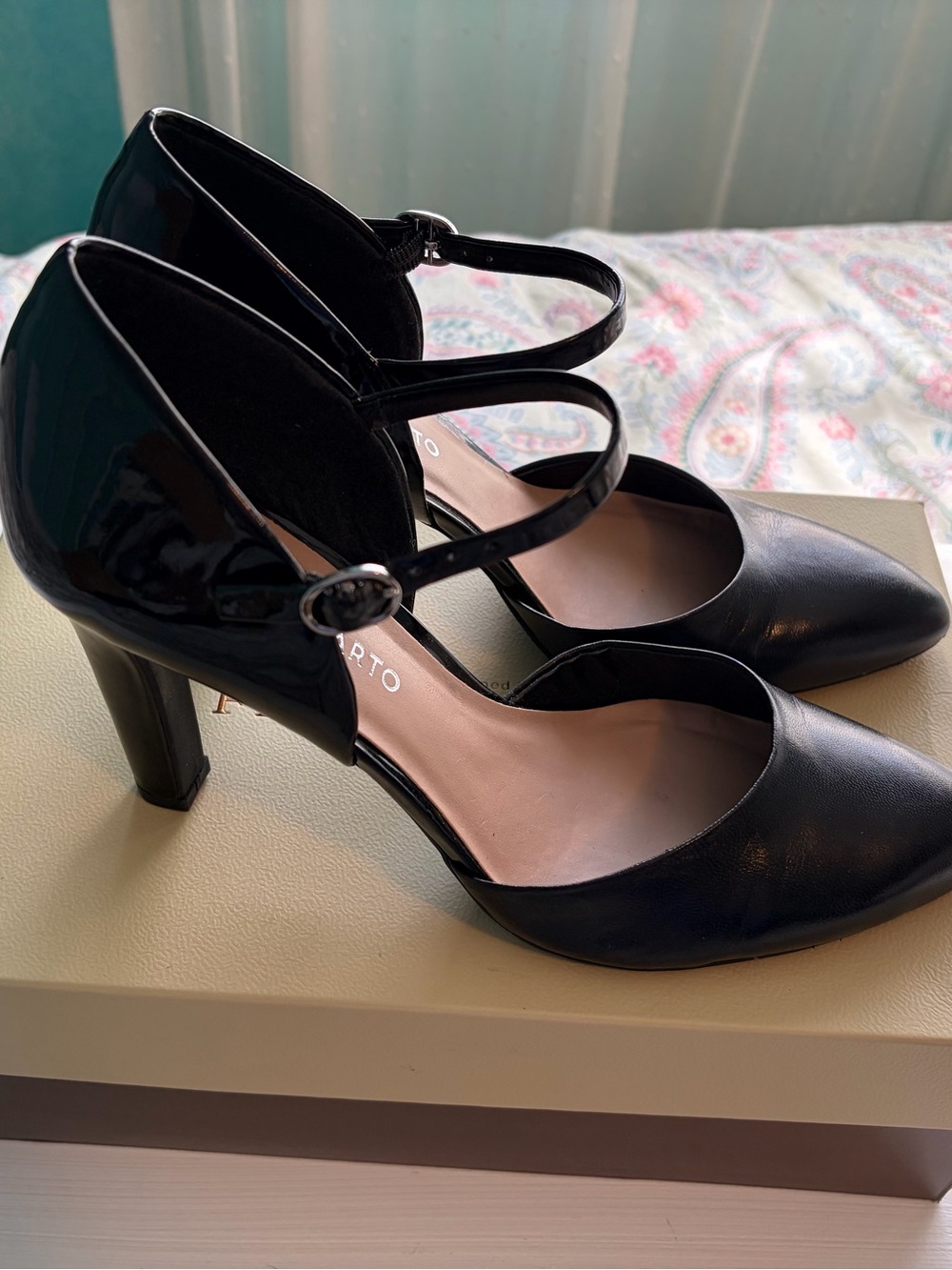 Franco Sarto Trident Black Pointed Mary Jane Heels with Ankle Strap - Picture 3 of 11